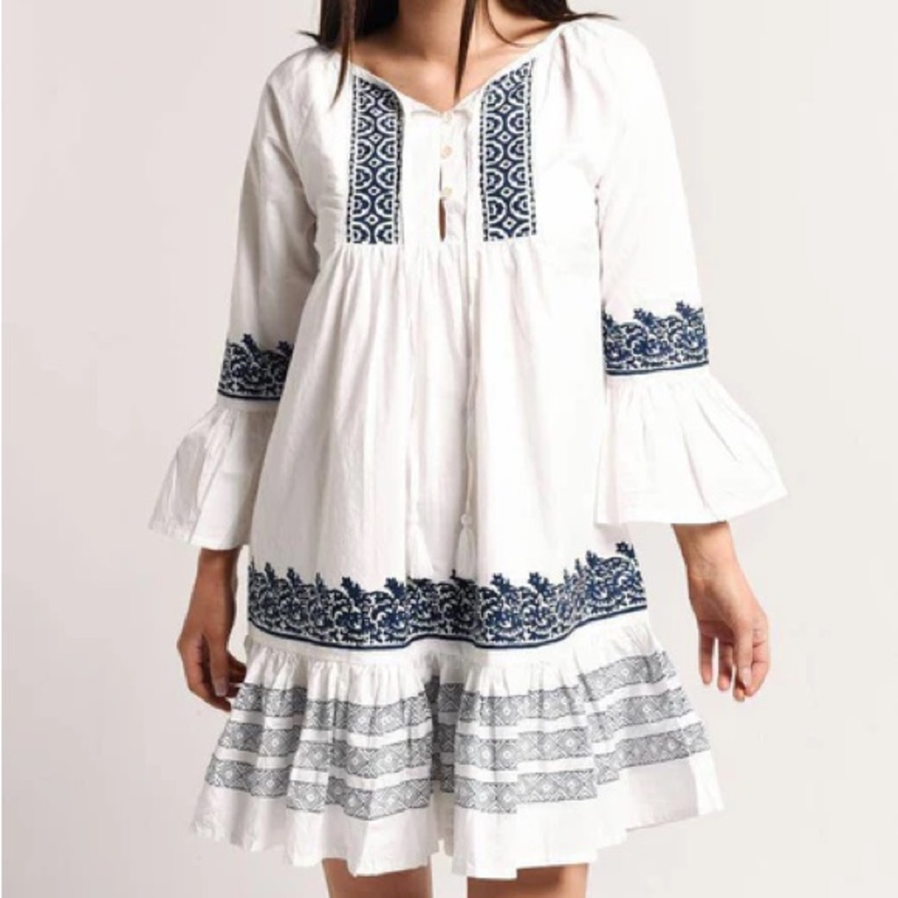 Roller Rabbit Dress White Navy Blue Mona Border Maricruz Boho Flare Size Small